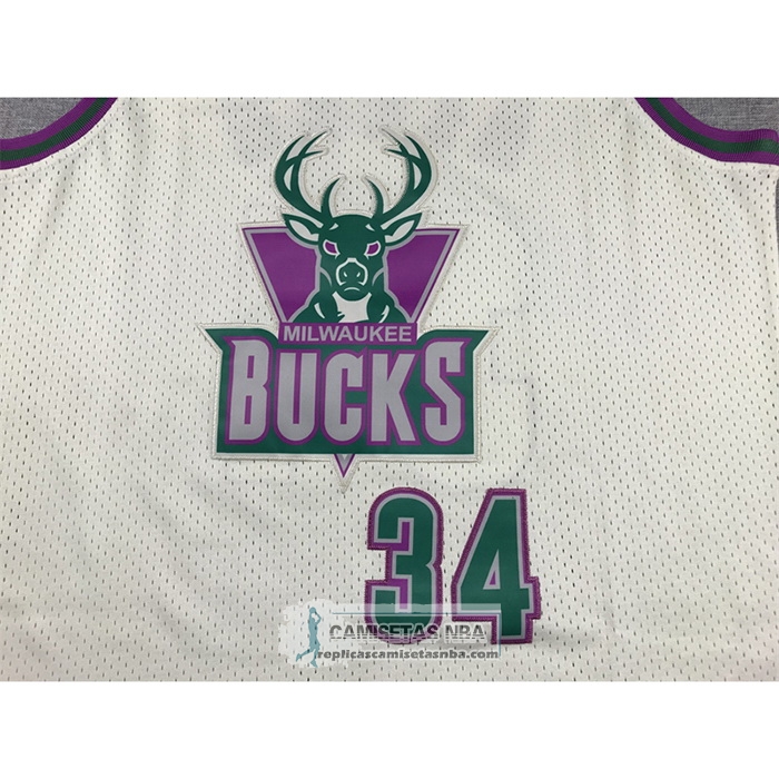 Camiseta Milwaukee Bucks Ray Allen NO 34 Mitchell & Ness Chainstitch Crema